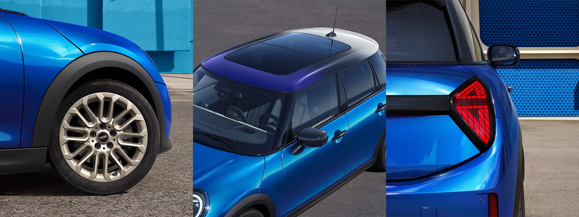 Close-up of the new MINI Cooper 5-Door’s alloy wheels. High angle shot of the new MINI Cooper 5-Door’s high-quality glass roof in a multitone gradient. Close-up of the new MINI Cooper 5-Door’s right rear light with triangular design.